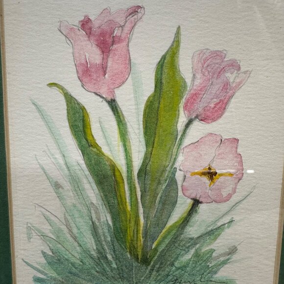 Watercolor Painting Tulips Pink Flower Gold Frame Signed Art Wall Hanging Floral - Picture 3 of 9